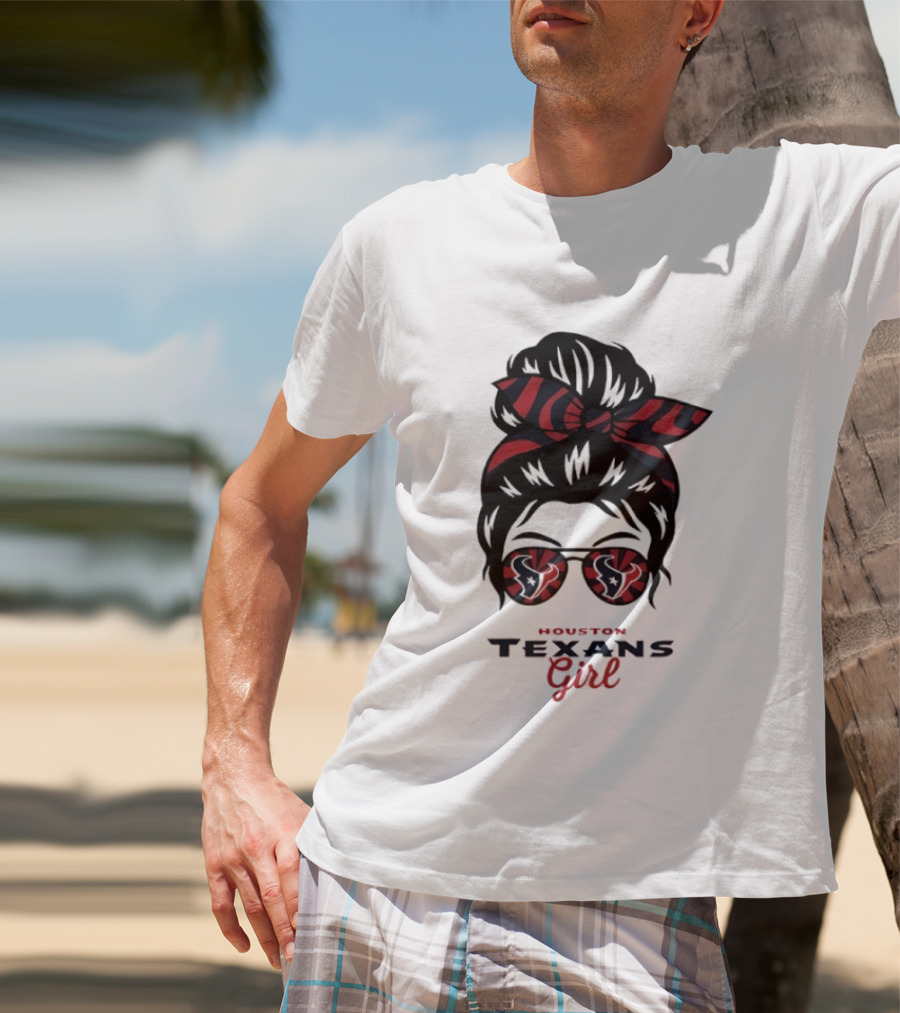 Houston Texans Girl Messy Bun Bow Sunglasses T-Shirt