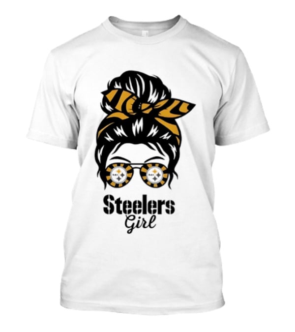 Pittsburgh Steelers Girl Messy Bun Glasses Black Gold Fan T-Shirt