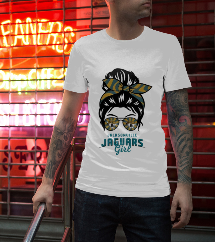 Jacksonville Jaguars Girl Messy Bun Glasses Bow Fan Spirit T-Shirt