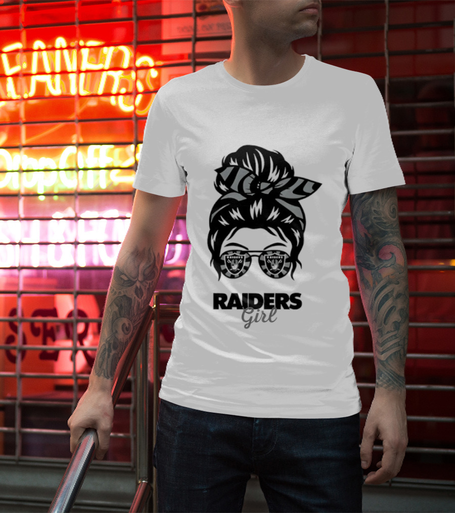 Raiders Girl Messy Bun Sunglasses Fan T-Shirt