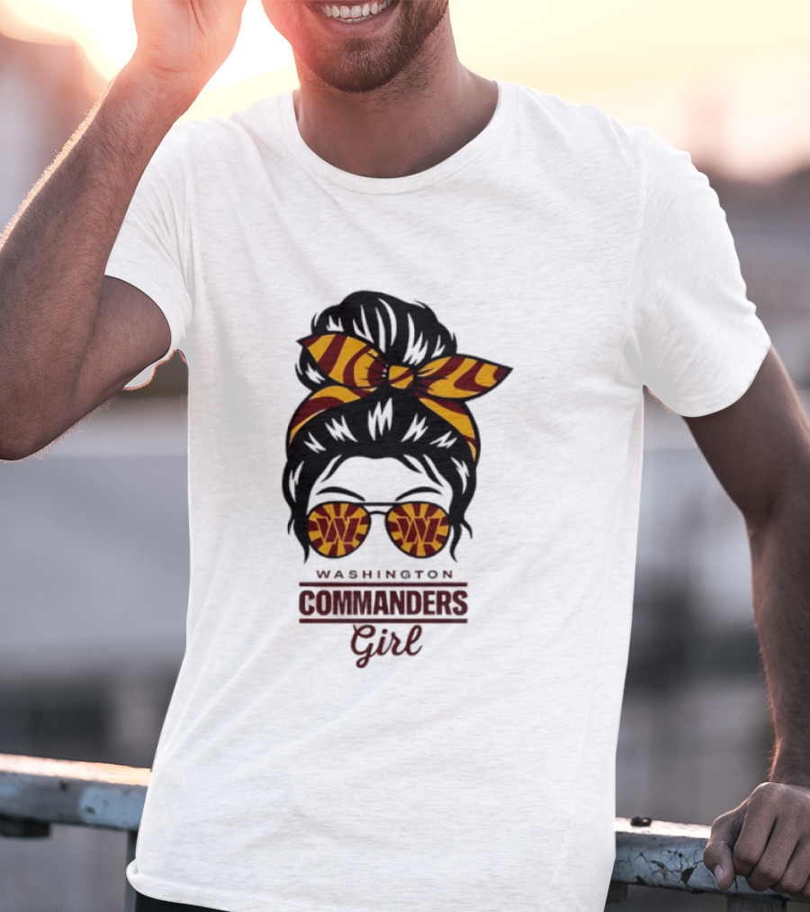 Washington Commanders Girl Messy Bun Glasses Football Fan T-Shirt