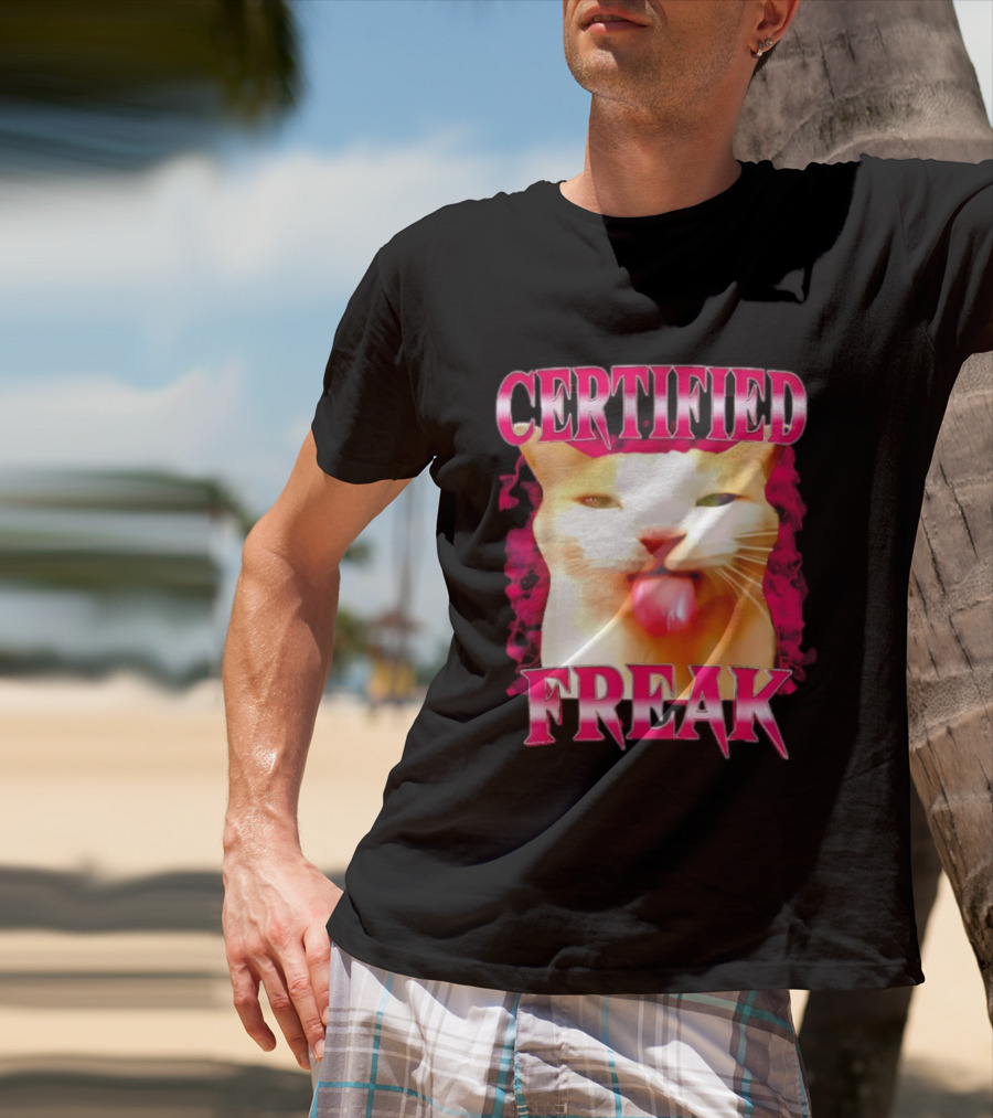 Certified Freak Cat Tongue Out Pink Edge T-Shirt