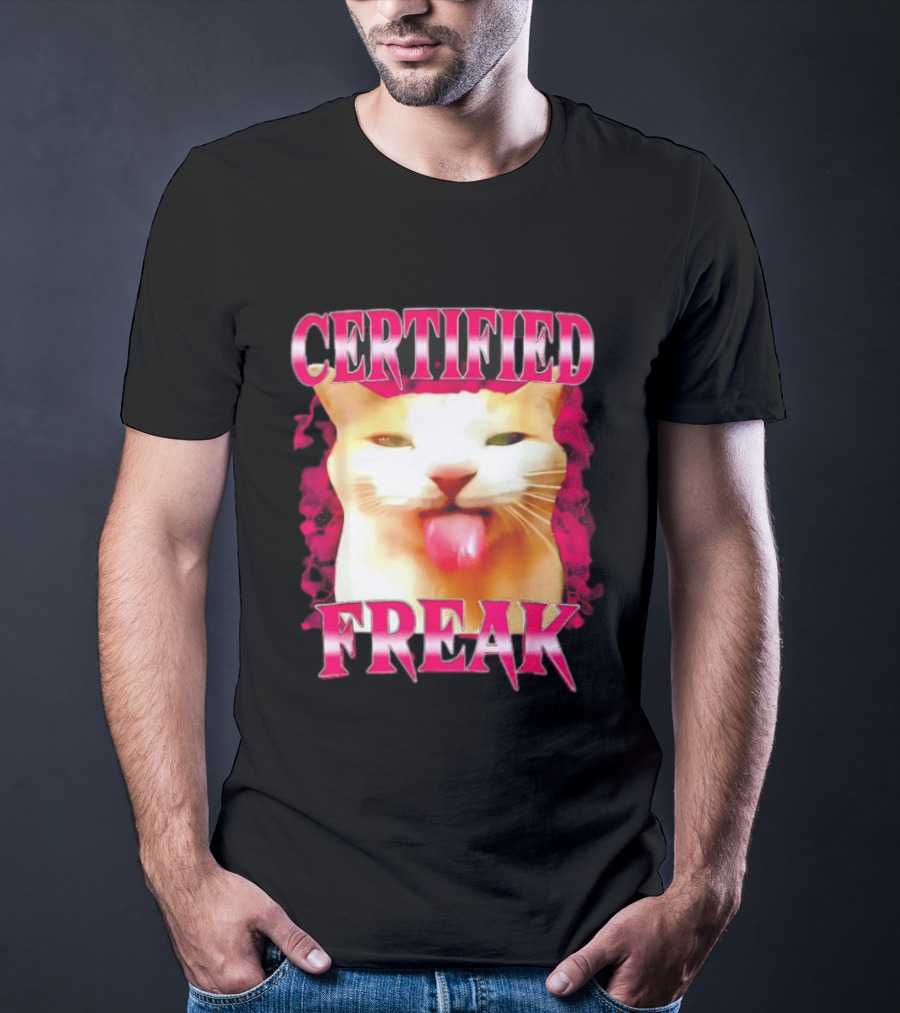 Certified Freak Cat Tongue Out Pink Edge T-Shirt
