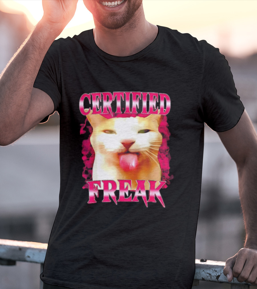 Certified Freak Cat Tongue Out Pink Edge T-Shirt