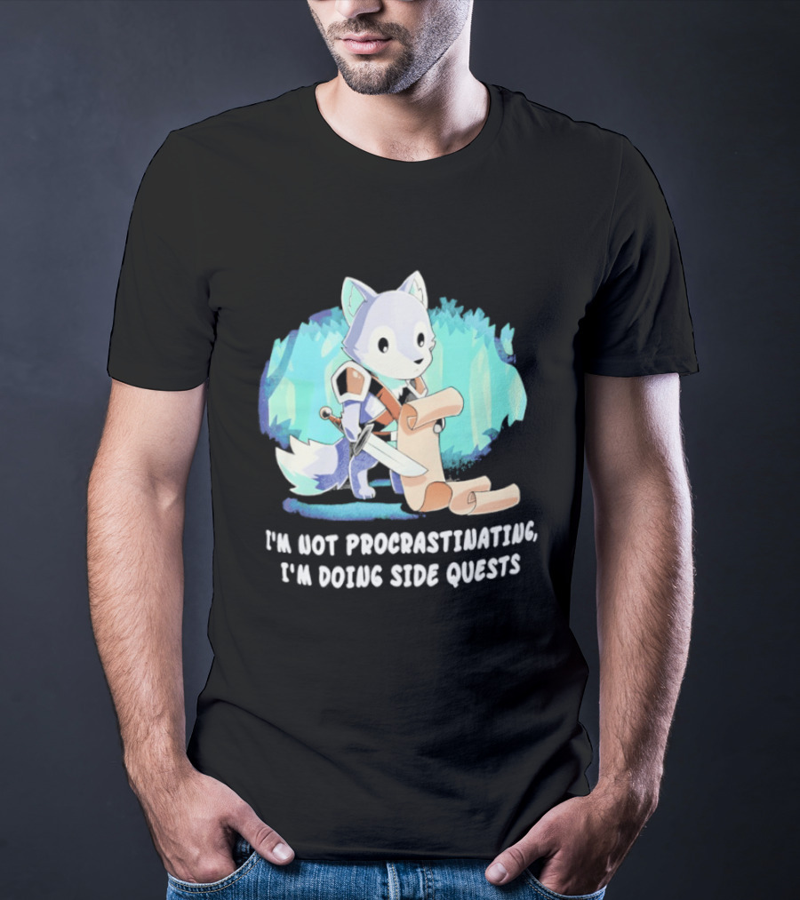 I'm Not Procrastinating I'm Doing Side Quests Cute Fantasy Wolf Cartoon T-Shirt