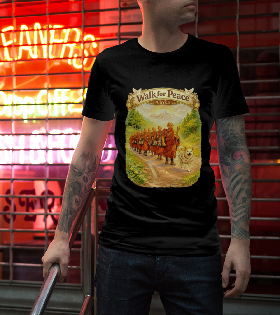 Walk For Peace Aloka Monks With Dog In Nature Trail T-Shirt