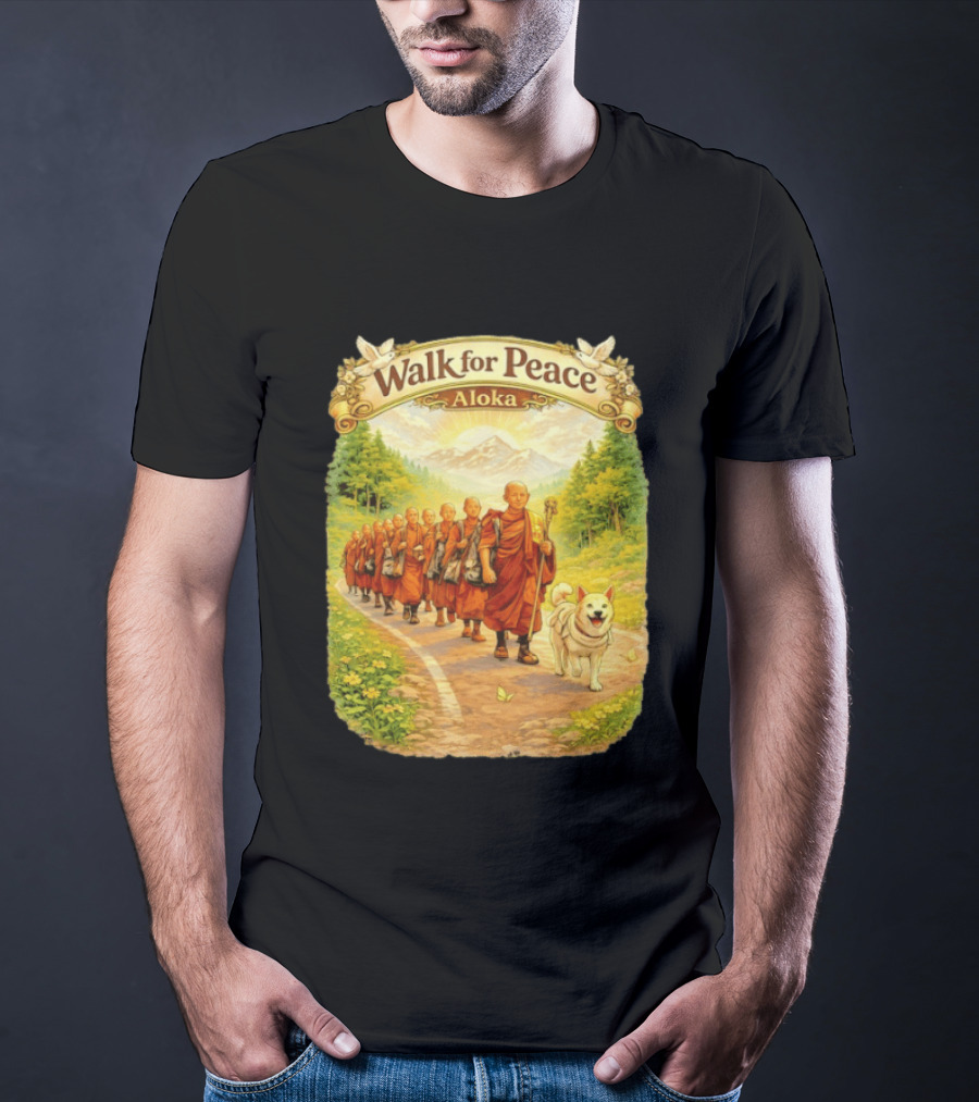 Walk For Peace Aloka Monks With Dog In Nature Trail T-Shirt