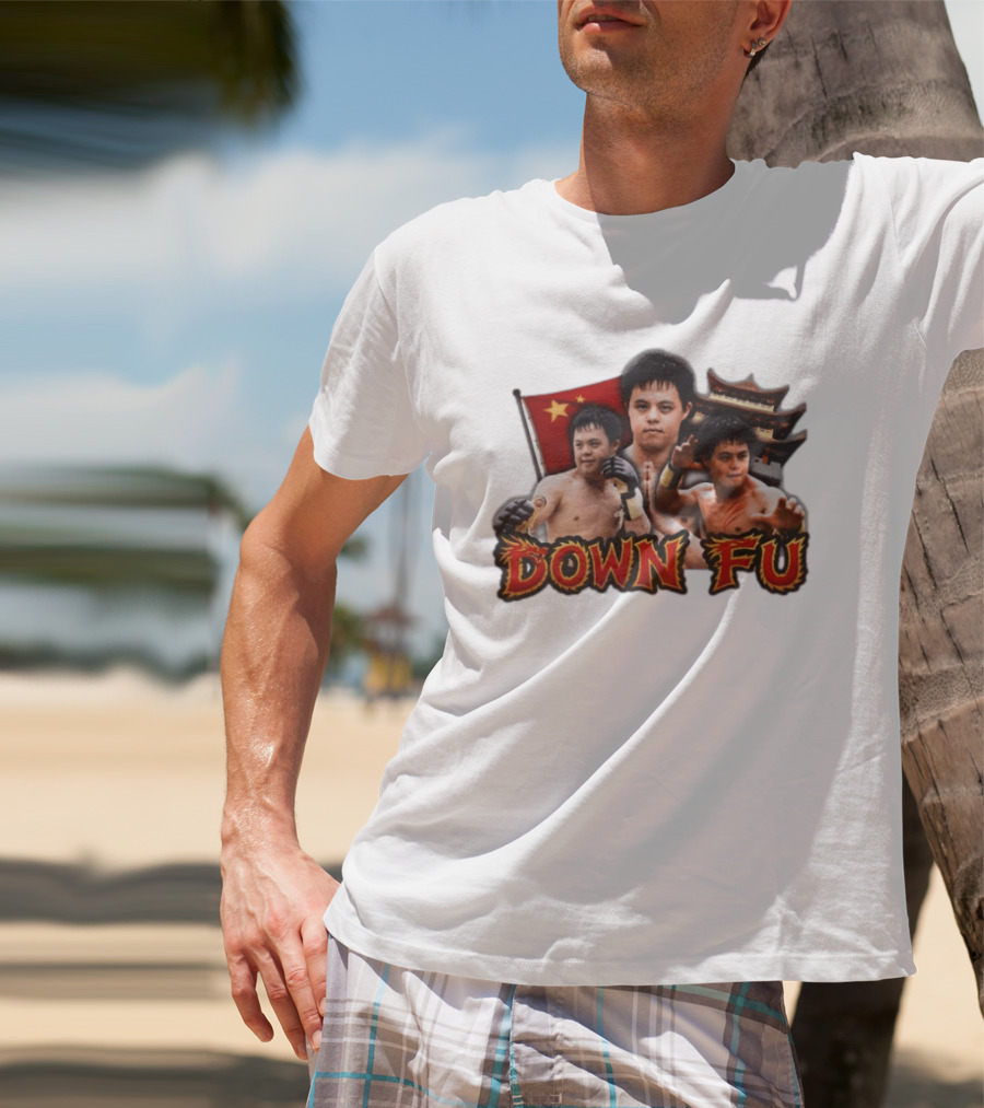 Down Fu Martial Arts Style With Fighters And Chinese Pagoda T-Shirt