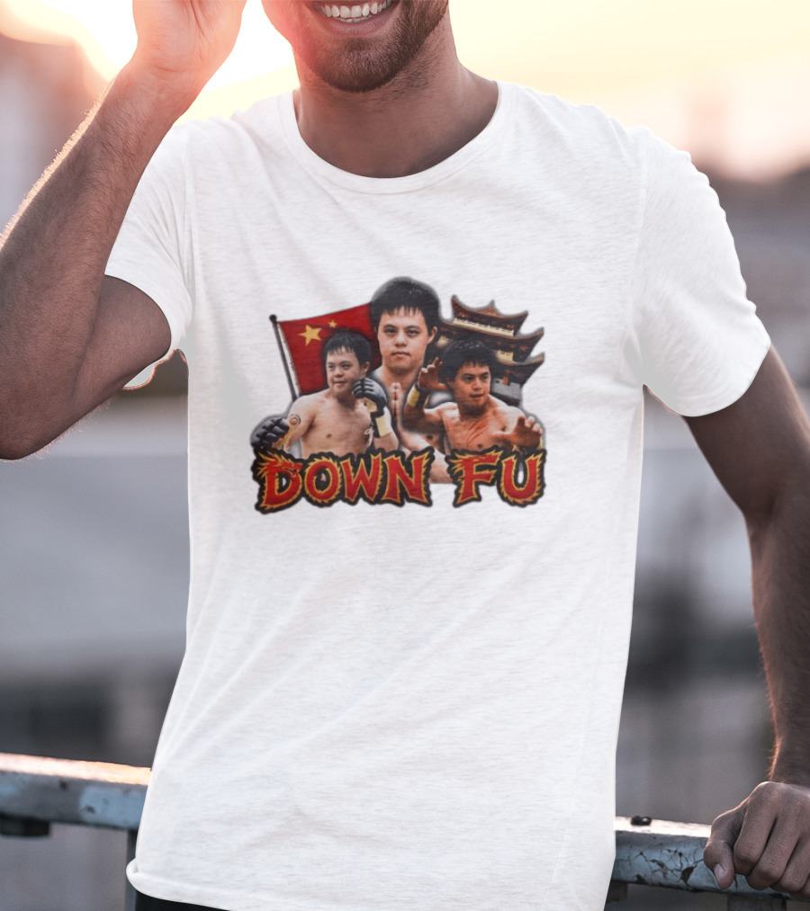 Down Fu Martial Arts Style With Fighters And Chinese Pagoda T-Shirt