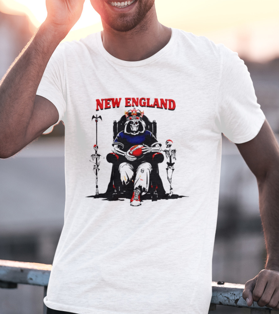 New England Skeletal Football Monarch Sitting On A Throne With Staff T-Shirt