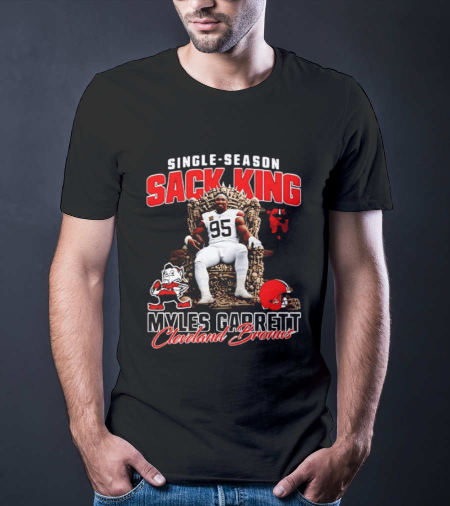 Single Season Sack King Myles Garrett Cleveland Browns 95 Throne Motif T-Shirt