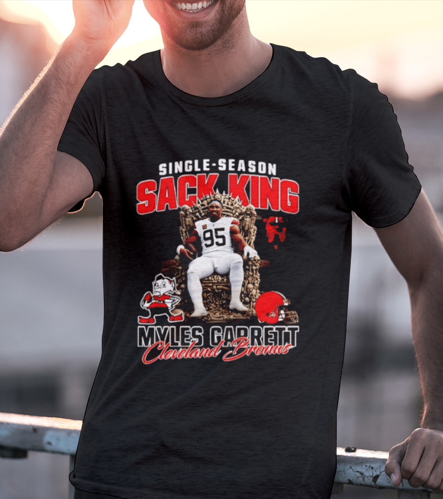 Single Season Sack King Myles Garrett Cleveland Browns 95 Throne Motif T-Shirt