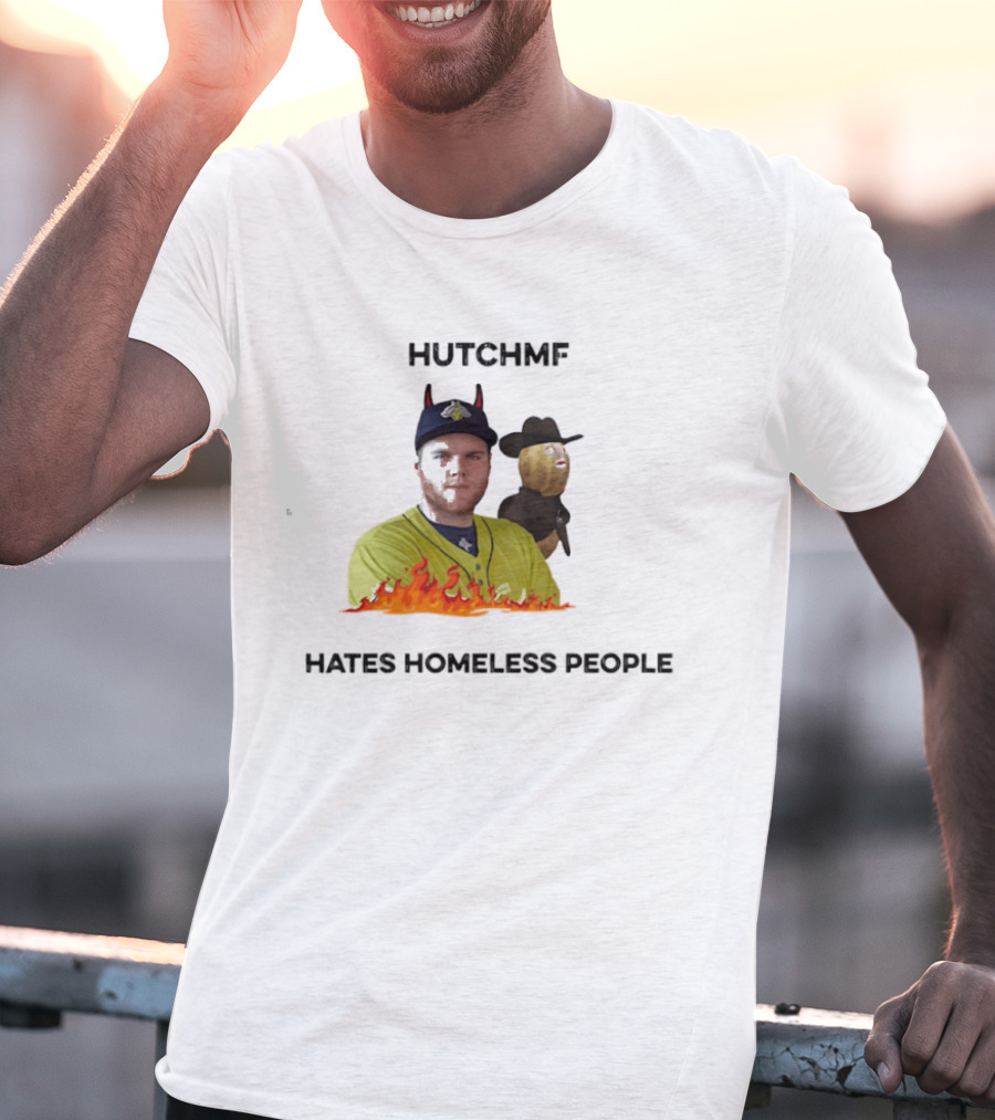 Hutchmf Hates Homeless People Devil Horns Yellow Jersey Flames T-Shirt