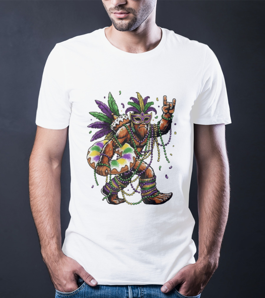Mardi Gras Bigfoot King Rock And Roll Hand Beads Cake Donut T-Shirt