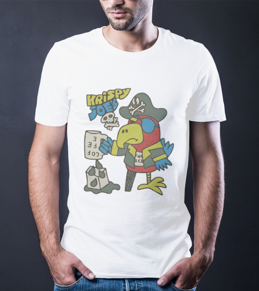 Krispy Joe's Pirate Parrot Coffee Spill Cartoon T-Shirt