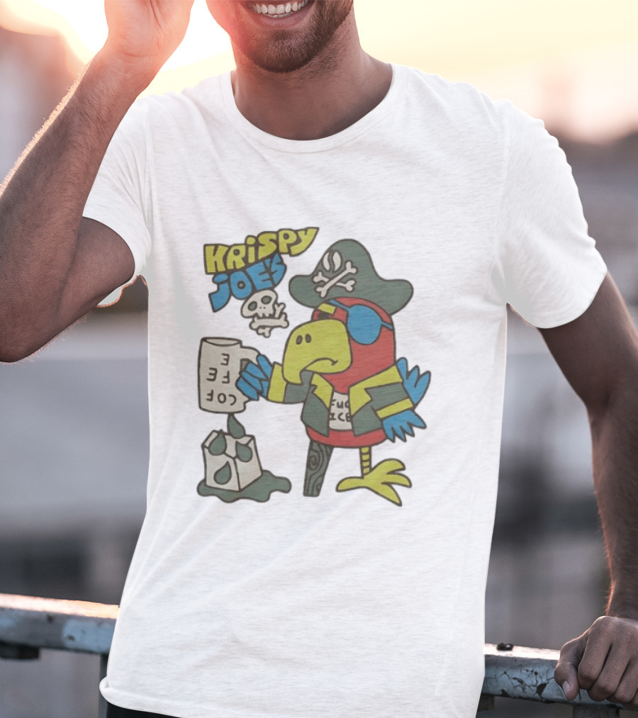 Krispy Joe's Pirate Parrot Coffee Spill Cartoon T-Shirt
