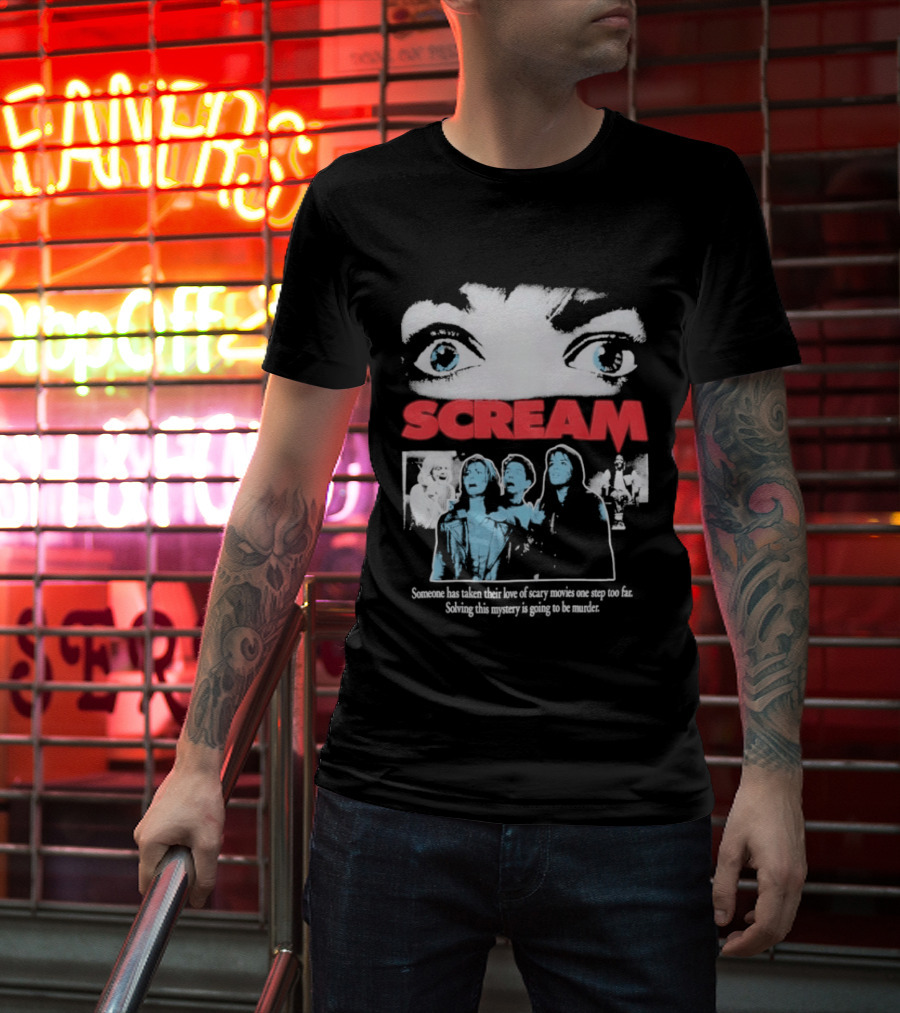 Scream Someone Has Taken Their Love Of Scary Movies One Step Too Far Solving This Mystery Is Going To Be Murder Eyes Faces T-Shirt