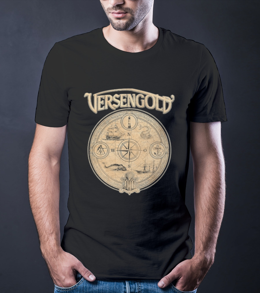 Versengold Nautical Compass Map With Ship Whale Anchor Lighthouse Chart T-Shirt