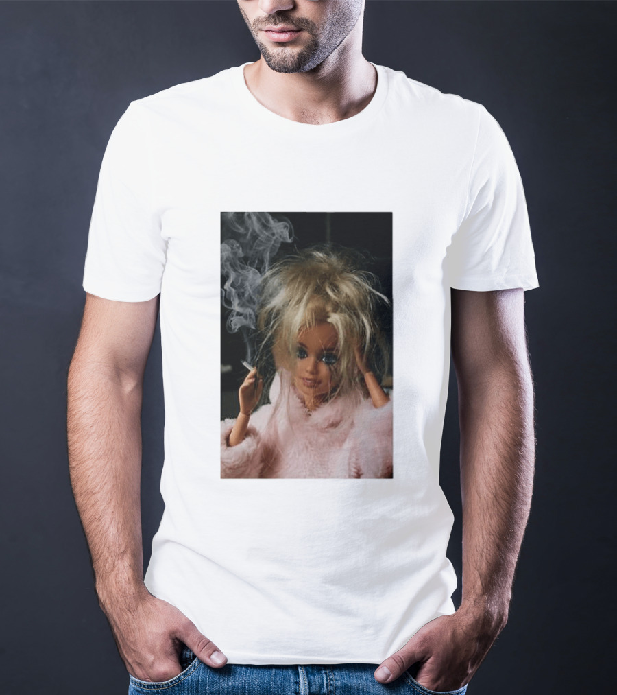 Cigarette Smoking Barbie Doll In Pink Fur Coat T-Shirt