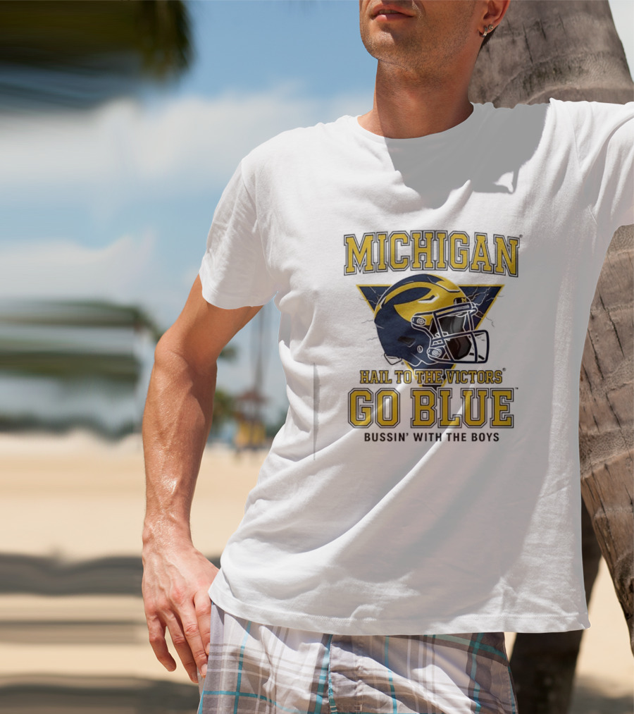 Michigan Hail To The Victors Go Blue Bussin' With The Boys Helmet T-Shirt