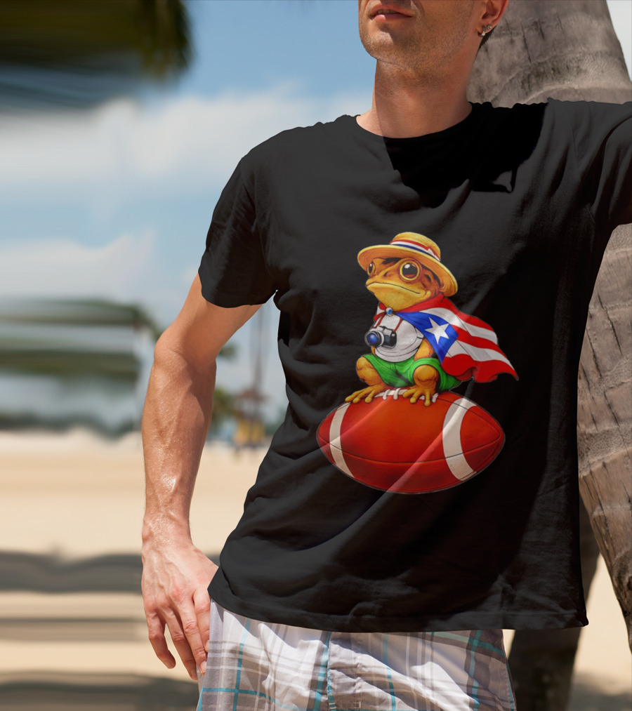 Puerto Rico Coqui Frog With Hat And Flag Sitting On Football T-Shirt