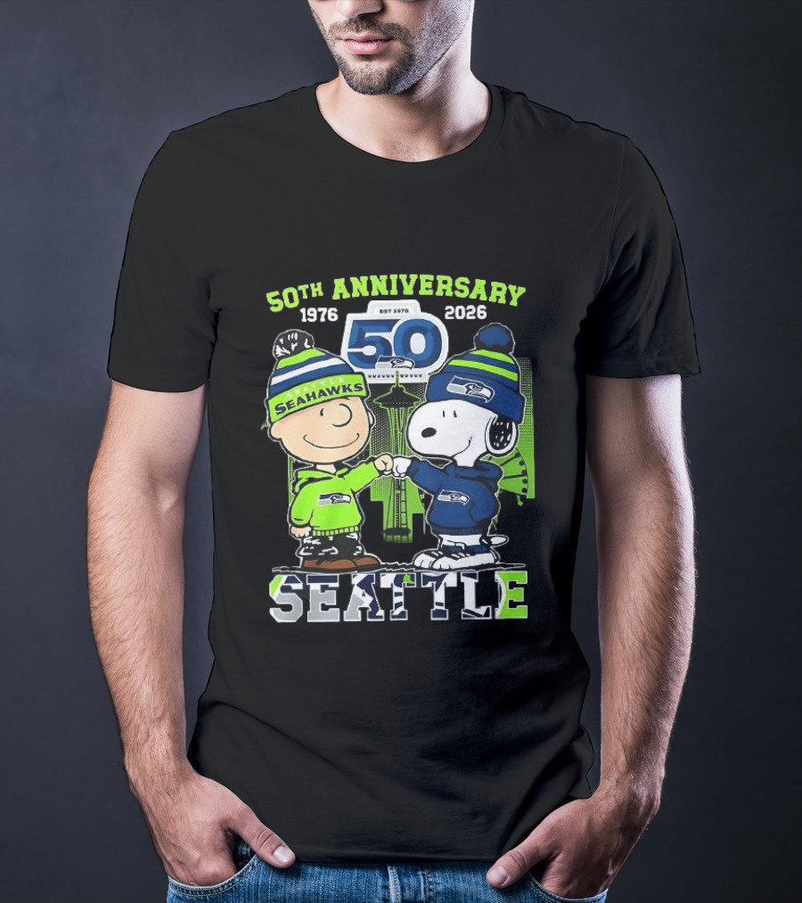 Seattle Seahawks 50th Anniversary 1976 2026 Charlie Brown Snoopy T-Shirt
