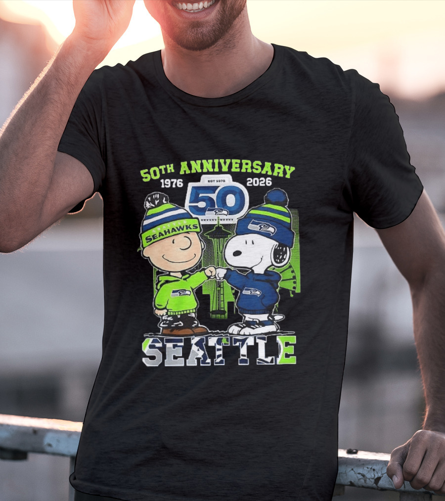 Seattle Seahawks 50th Anniversary 1976 2026 Charlie Brown Snoopy T-Shirt