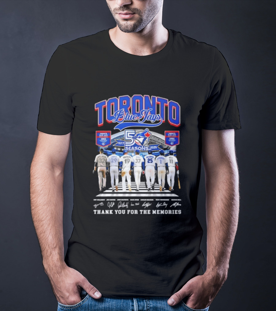 Toronto Blue Jays Blue 50 Seasons 1977 To 2026 Commemorative Signatures Thank You For The Memories T-Shirt