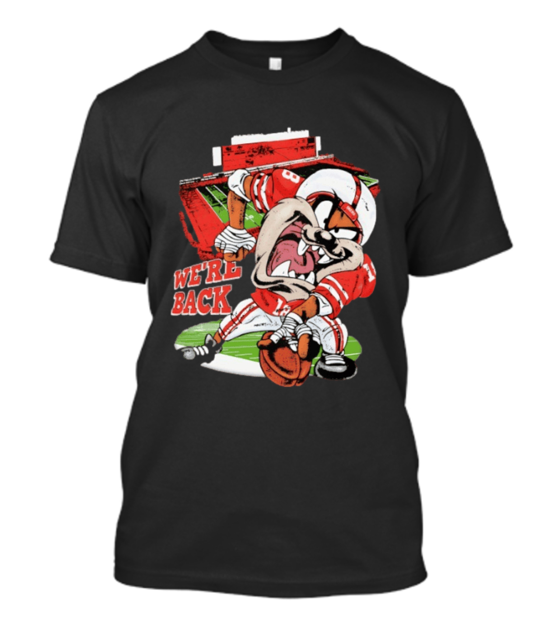 Dropout We're Back Football Cartoon Stadium Red Uniform Number 8 T-Shirt