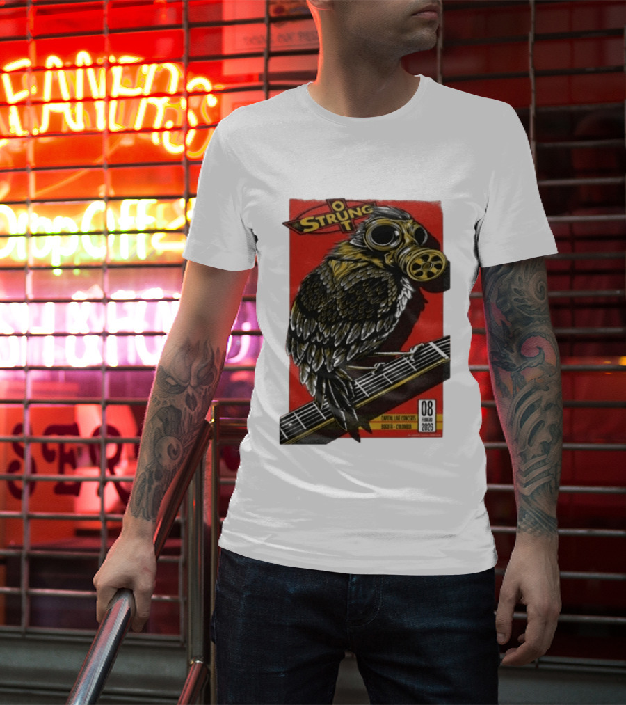 Strung Out Feb 8 2026 Bogota Colombia Bird Gas Mask Concept Concert Tour T-Shirt