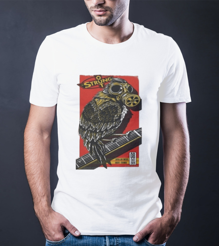 Strung Out Feb 8 2026 Bogota Colombia Bird Gas Mask Concept Concert Tour T-Shirt