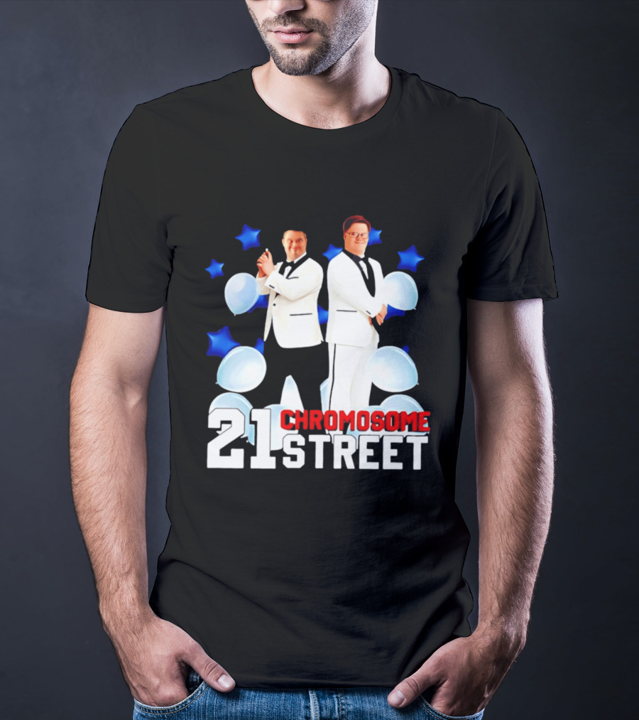 21 Chromosome Street Down Syndrome Stars Balloons White Suits T-Shirt