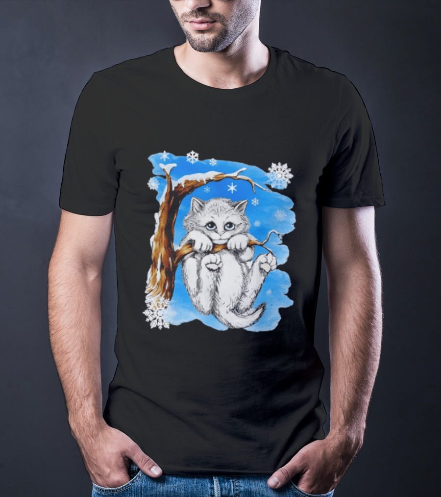 Hang In There Baby Cat In Snow With Snowflakes And Blue Sky T-Shirt
