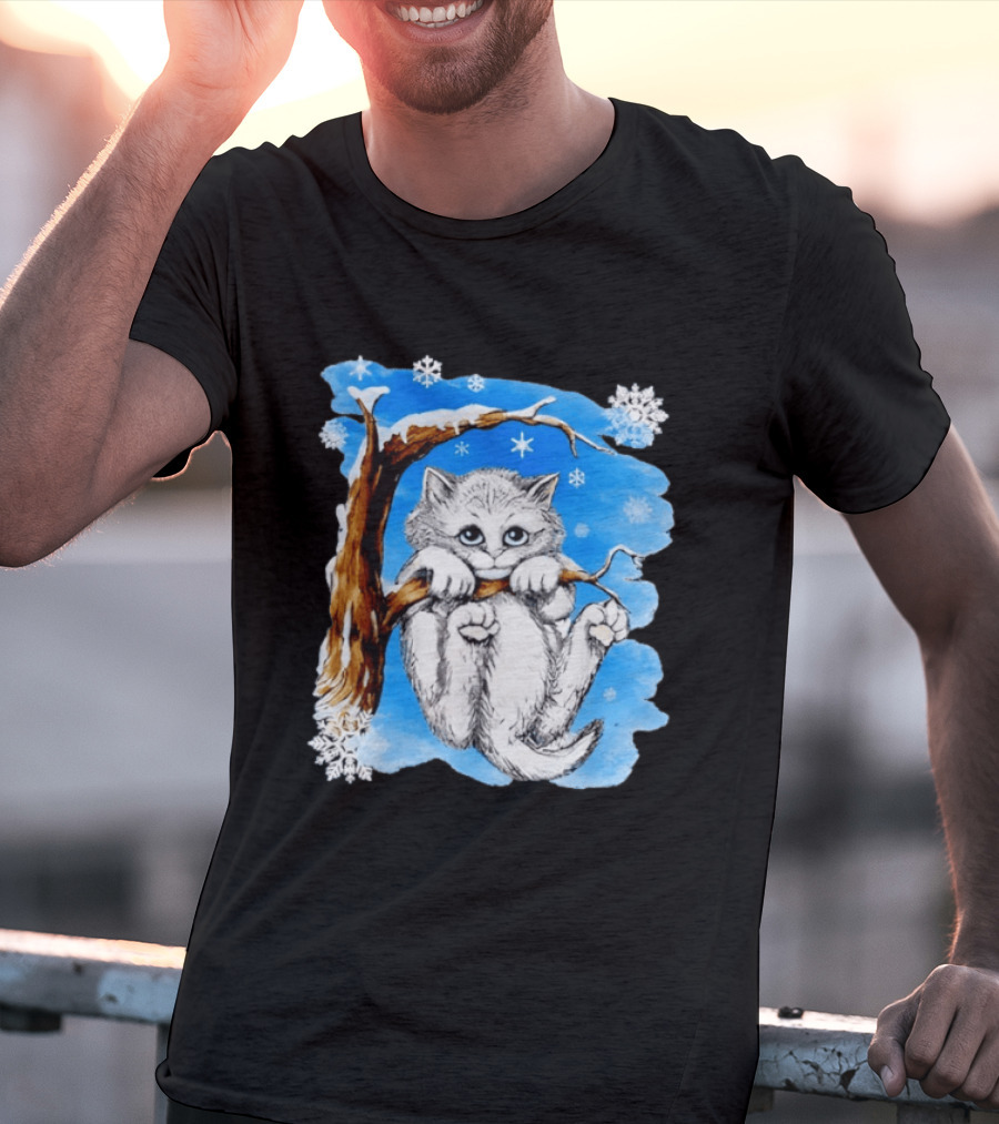 Hang In There Baby Cat In Snow With Snowflakes And Blue Sky T-Shirt