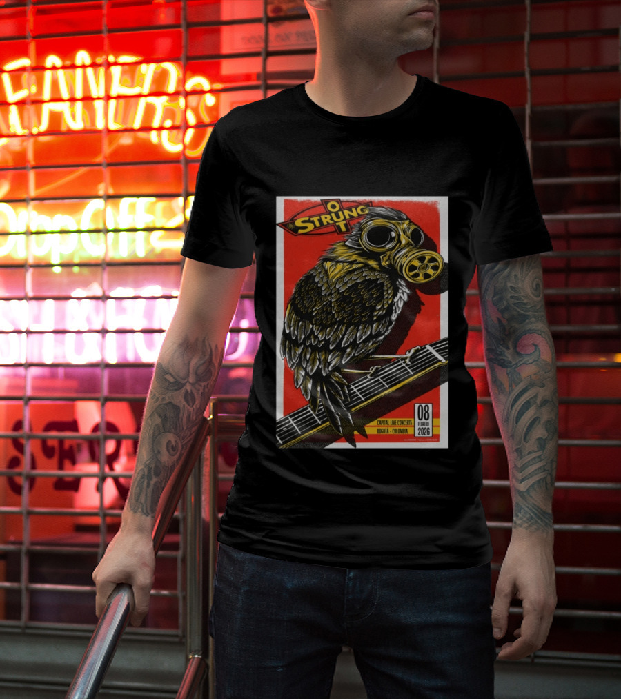 Strung Out February 8 2026 Capital Live Concerts Bogota Colombia Owl Gas Mask Guitar T-Shirt