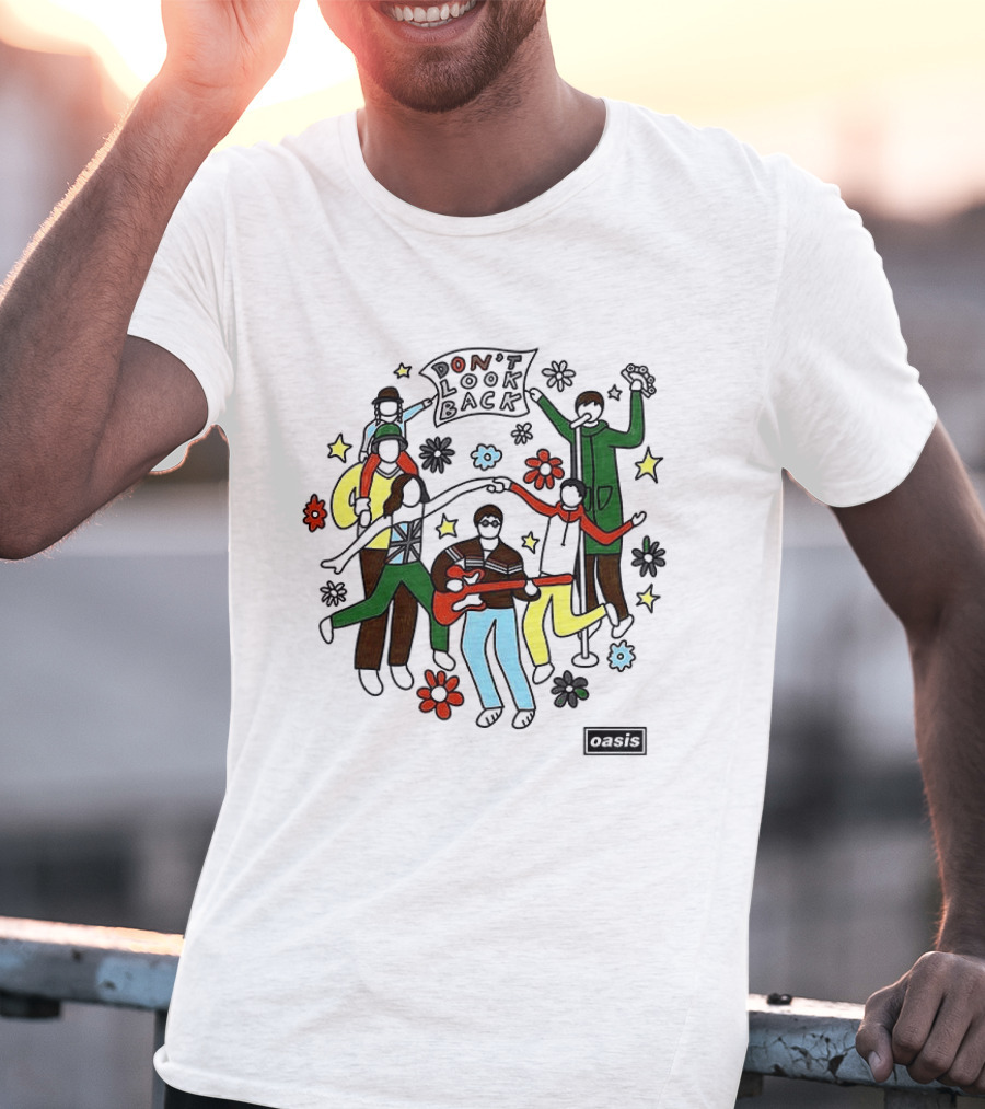 Oasis Don't Look Back Band Scene With Instruments And Flowers T-Shirt