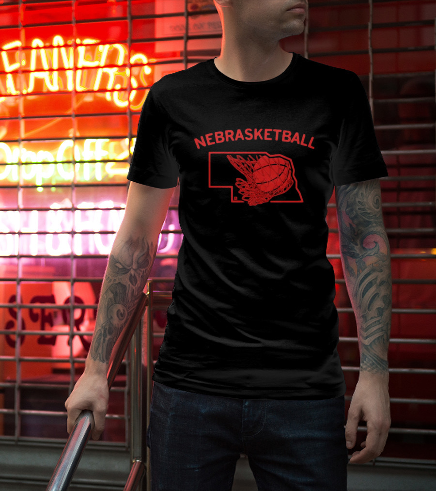 Nebrasketball Nebraska Basketball Red State Silhouette Basketball Net T-Shirt