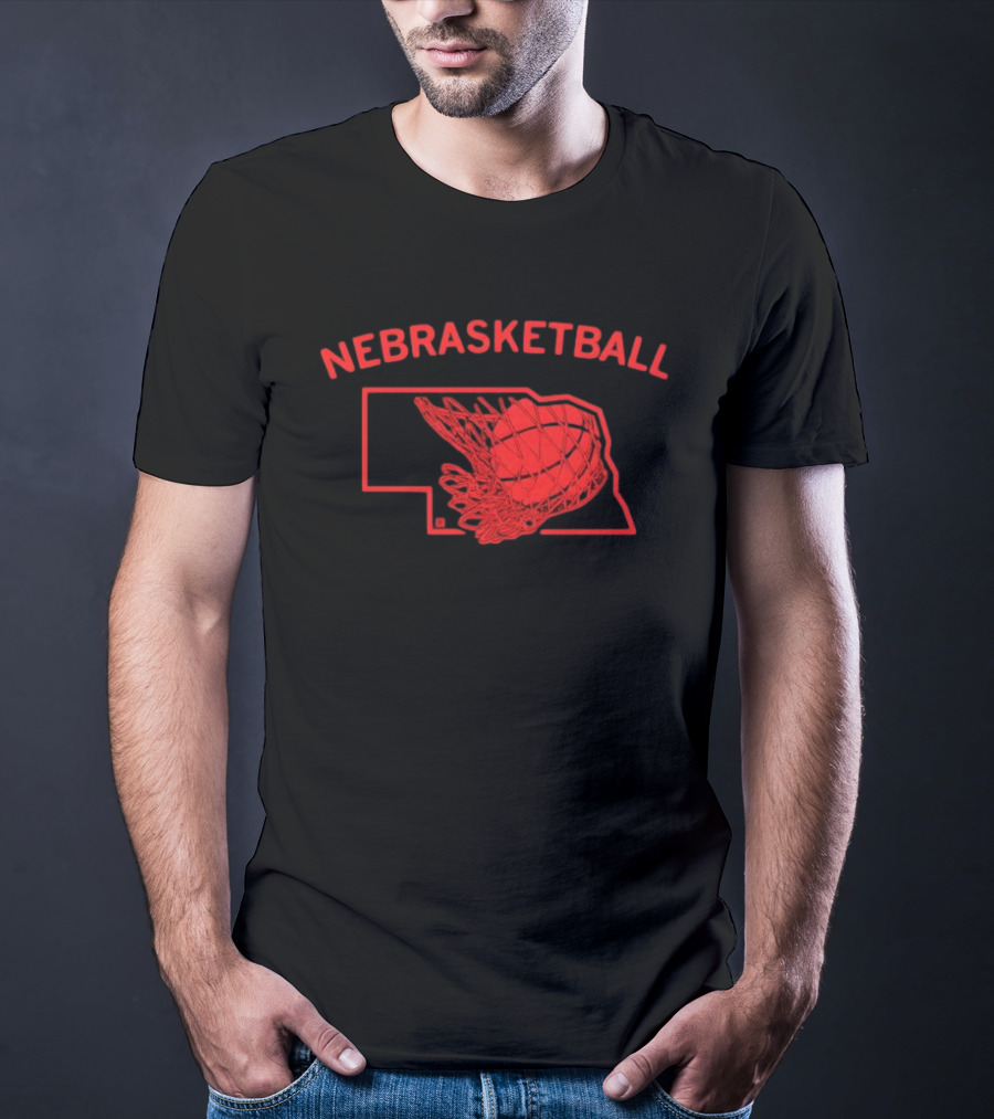 Nebrasketball Nebraska Basketball Red State Silhouette Basketball Net T-Shirt