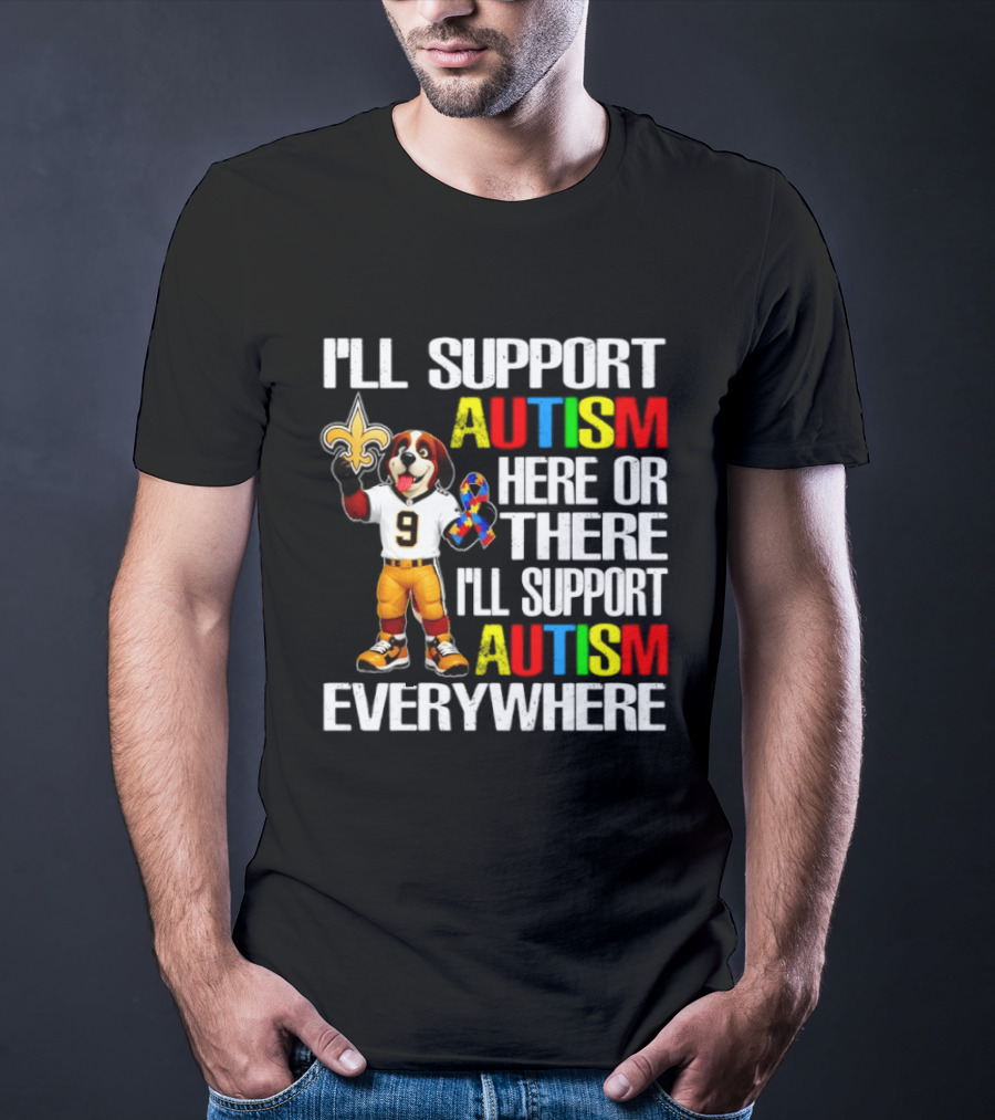 New Orleans Saints Team Mascot Support Autism Awareness Everywhere T-Shirt