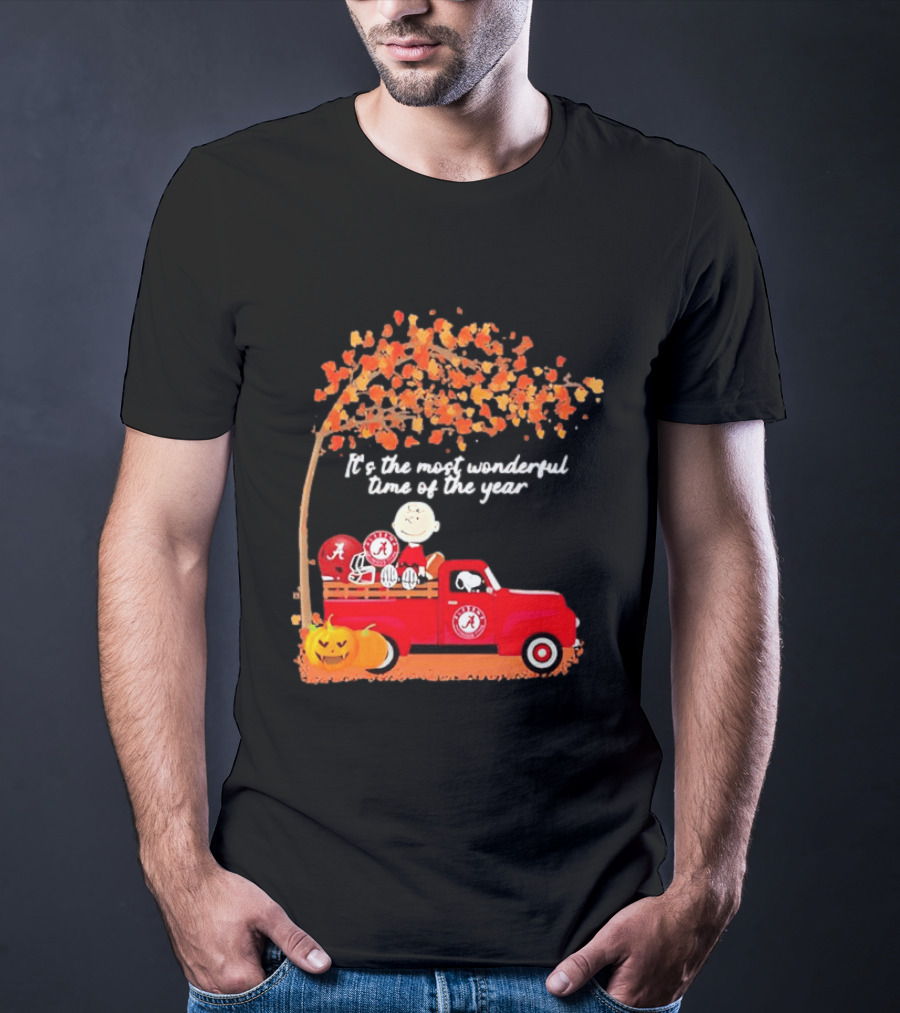 Peanuts Characters Alabama Crimson Tide Pickup Truck Fall Scene T-Shirt
