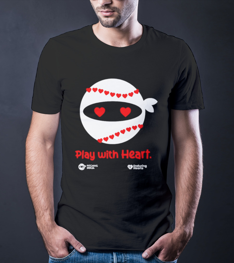 Pitching Ninja Play With Heart Red Love Hearts Baseball T-Shirt
