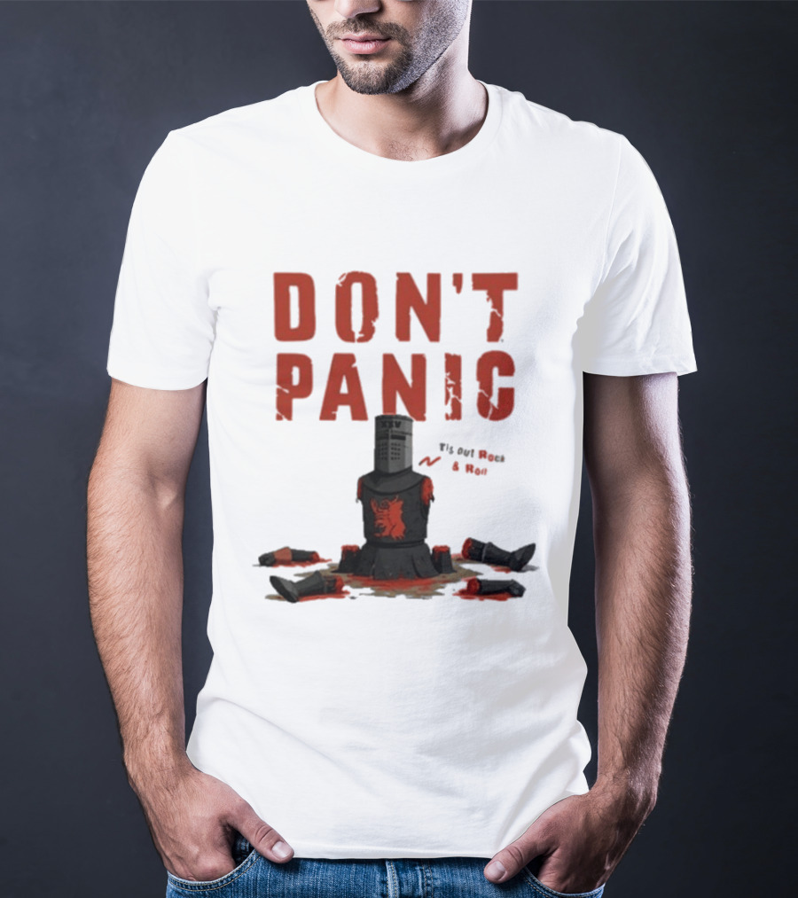 Don't Panic Monty Python Black Knight Sitting In Limbs T-Shirt