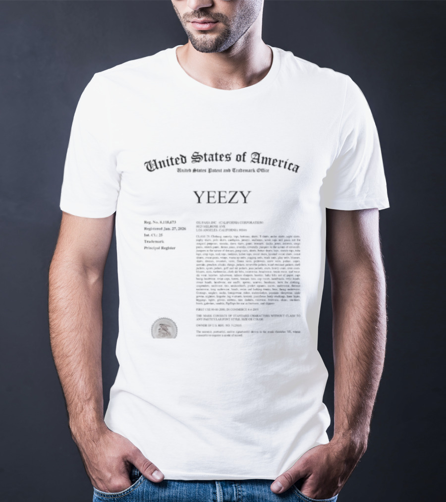 United States Of America Trademark Registration YEEZY Principal Register T-Shirt