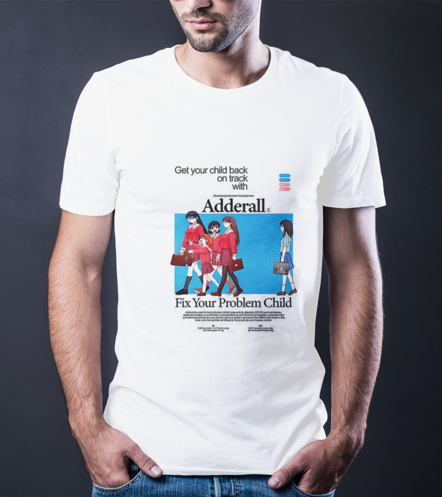 Get Your Problem Child Back On Track With Adderall Anime Girls In Red Uniforms With Briefcases And Pills T-Shirt