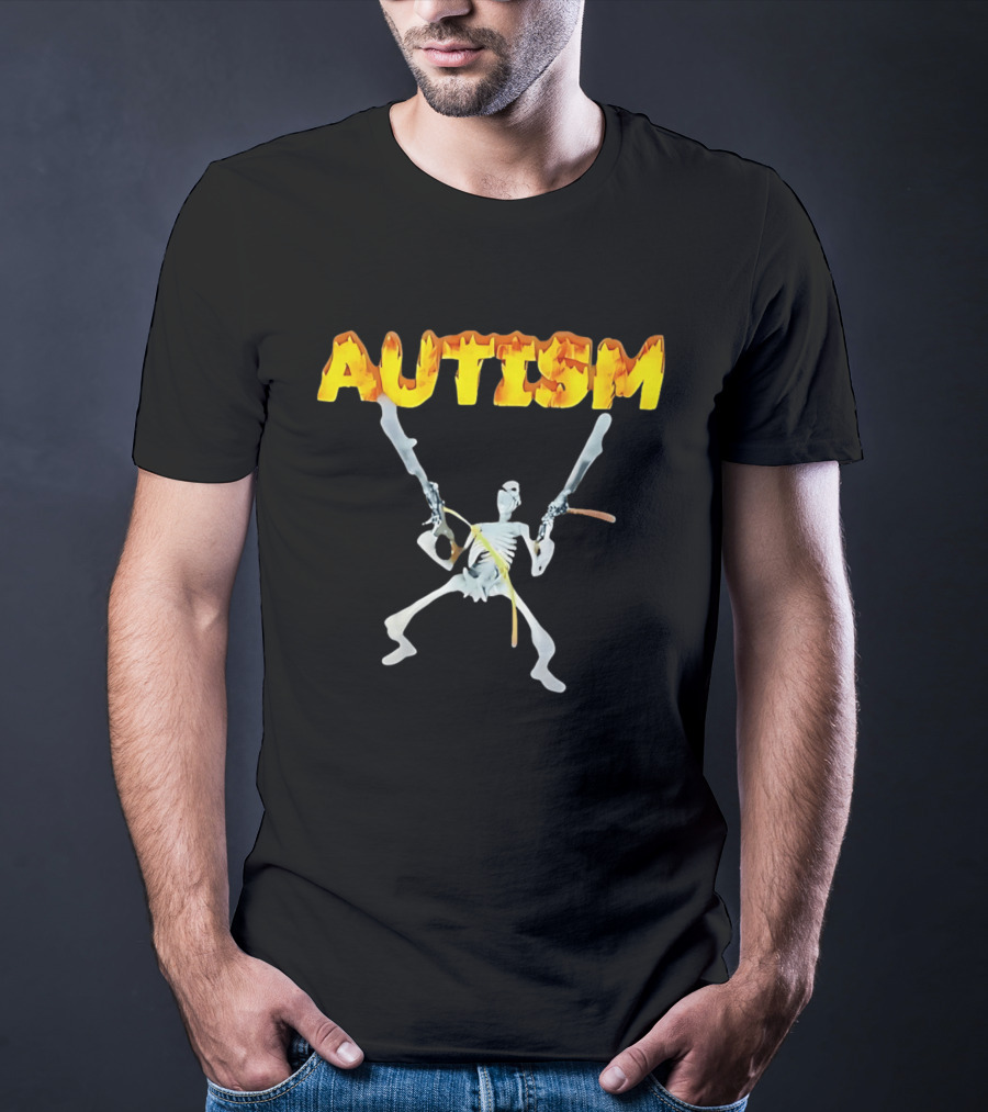 Autism Skeleton With Swords And Fire Letters T-Shirt