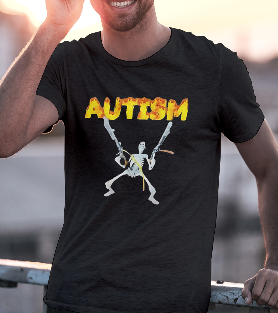 Autism Skeleton With Swords And Fire Letters T-Shirt