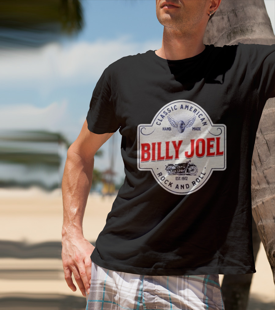 Billy Joel Classic American Hand Made Rock And Roll Est 1972 Motorcycle T-Shirt