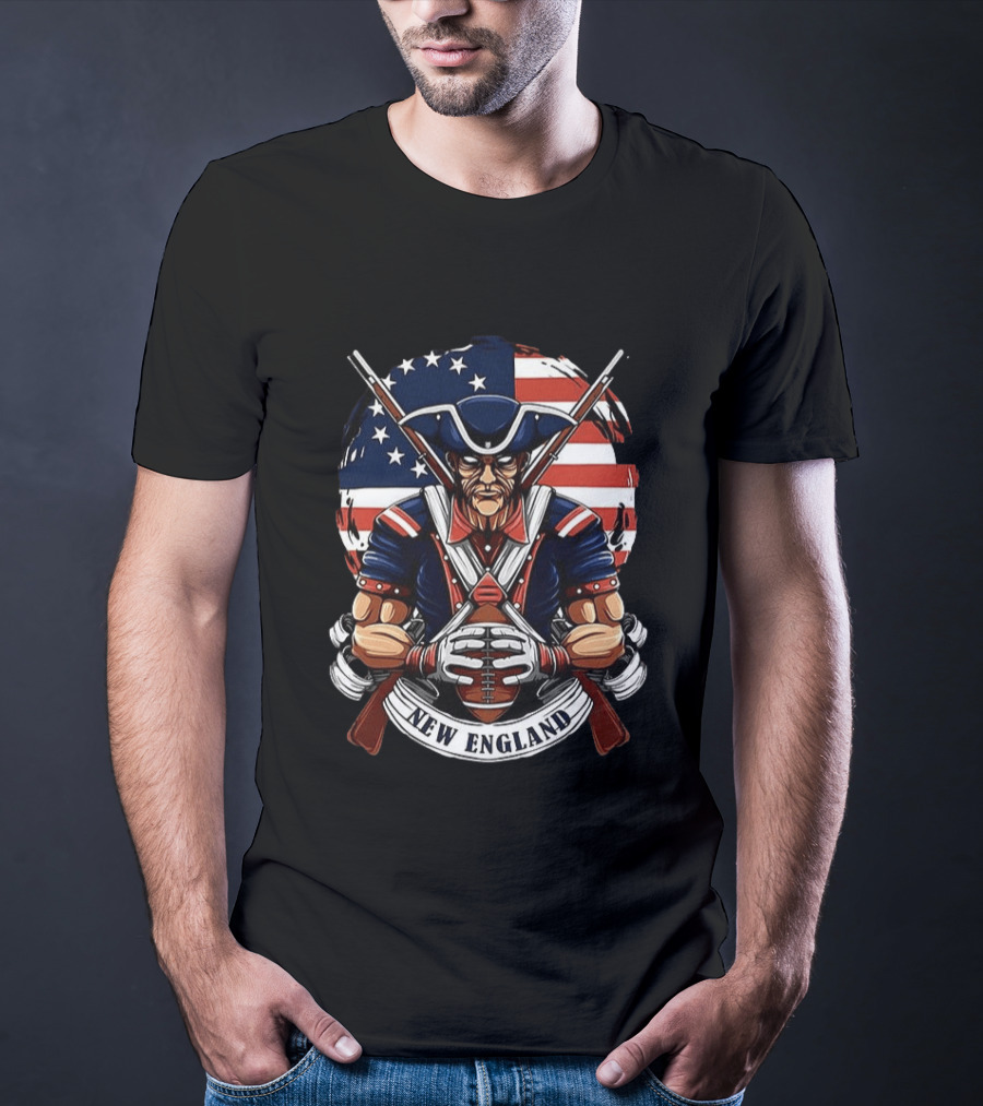 New England Patriots Revolutionary Soldier American Flag Football T-Shirt