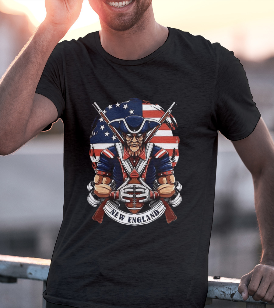 New England Patriots Revolutionary Soldier American Flag Football T-Shirt