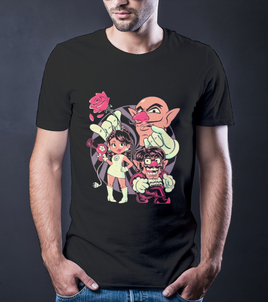 Henrique Torres Oh Be Wah Ve Vintage Cartoon Style Characters And Rose With Electric Plug T-Shirt